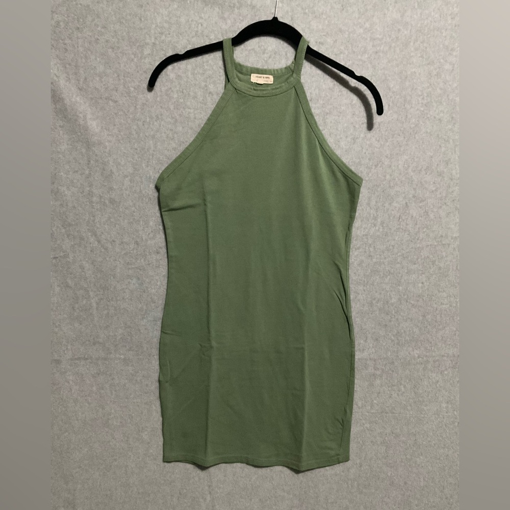 Heart & Hips Olive Green Halter Mini Dress Bodycon Ribbed Stretchy  Sz S